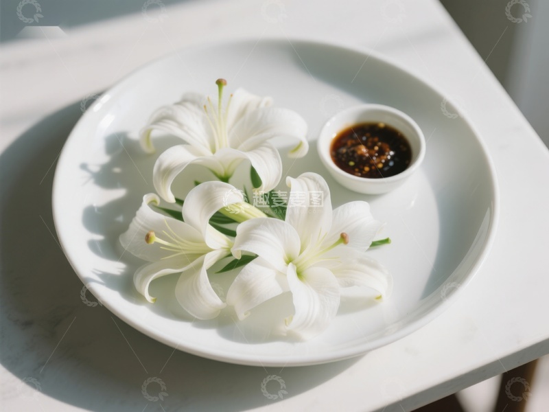 高清大图下载【趣麦麦图】白色百合花与小碟酱料置于盘中