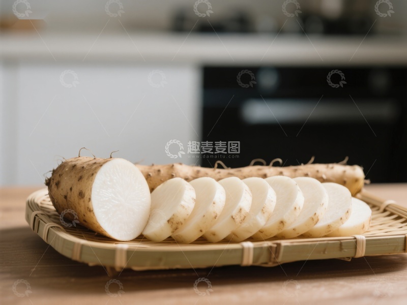 高清大图下载【趣麦麦图】新鲜山药切片摆放在竹盘上
