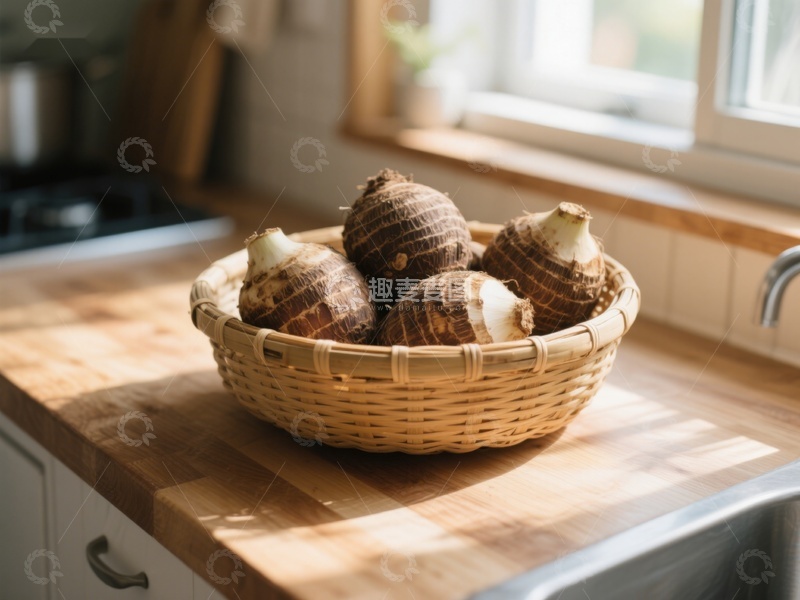 高清大图下载【趣麦麦图】厨房台面上的芋头篮