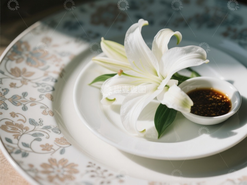 高清大图下载【趣麦麦图】白百合与酱油碟的雅致摆盘