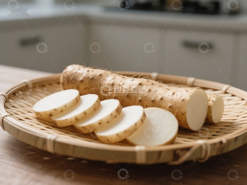 高清大图下载【趣麦麦图】新鲜山药切片置于竹篮