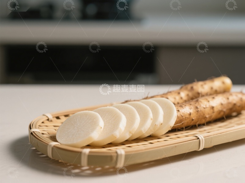 高清大图下载【趣麦麦图】新鲜山药切片置于竹制托盘