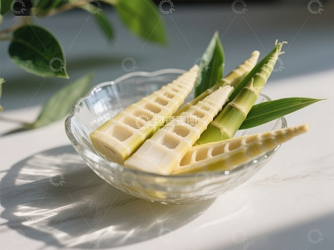 新鲜竹笋切片置于透明碗中