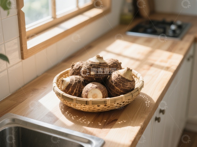 高清大图下载【趣麦麦图】厨房窗边的芋头竹篮