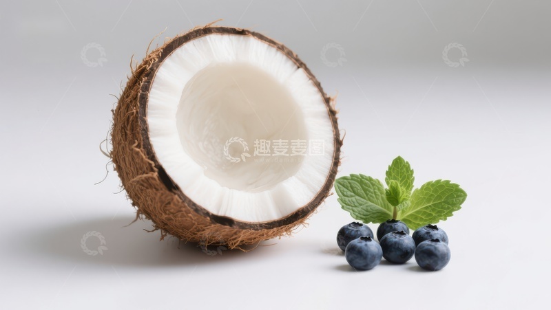高清大图下载【趣麦麦图】椰子半颗与蓝莓薄荷