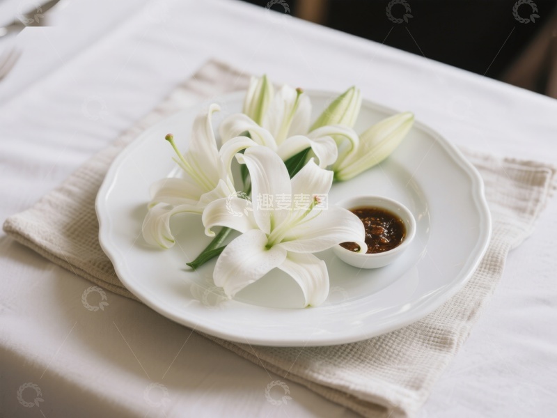 高清大图下载【趣麦麦图】白色百合花与小碟酱料置于盘中