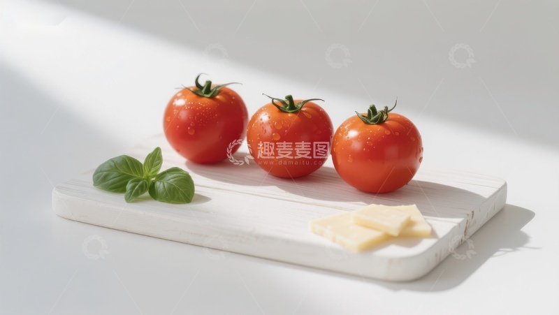 高清大图下载【趣麦麦图】新鲜番茄与罗勒、奶酪片摆盘