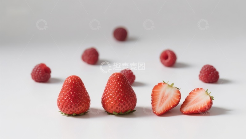 高清大图下载【趣麦麦图】新鲜草莓散落白色背景