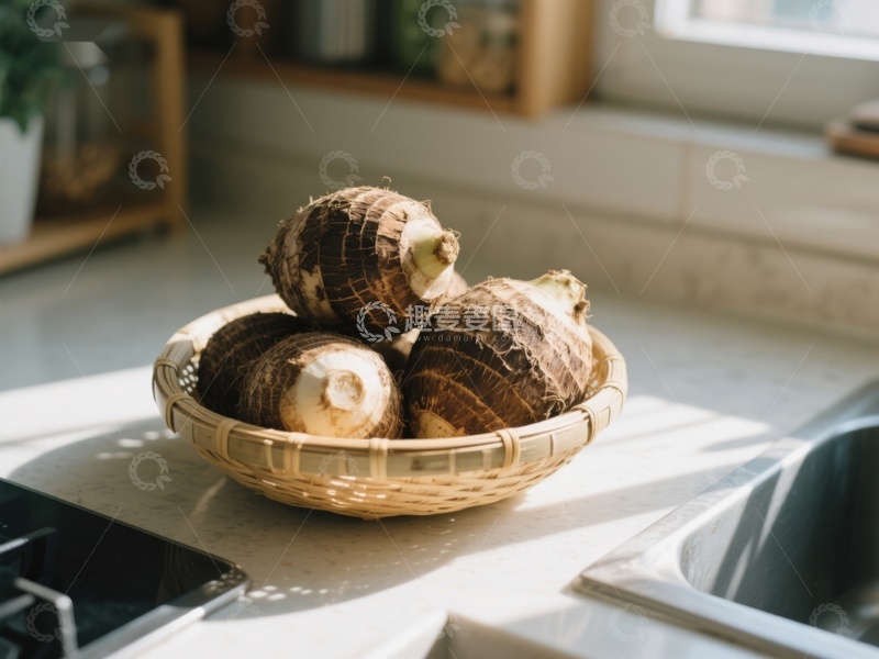 高清大图下载【趣麦麦图】厨房台面上的竹篮装芋头