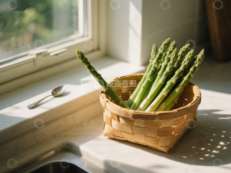 高清大图下载【趣麦麦图】窗边竹篮中的新鲜芦笋
