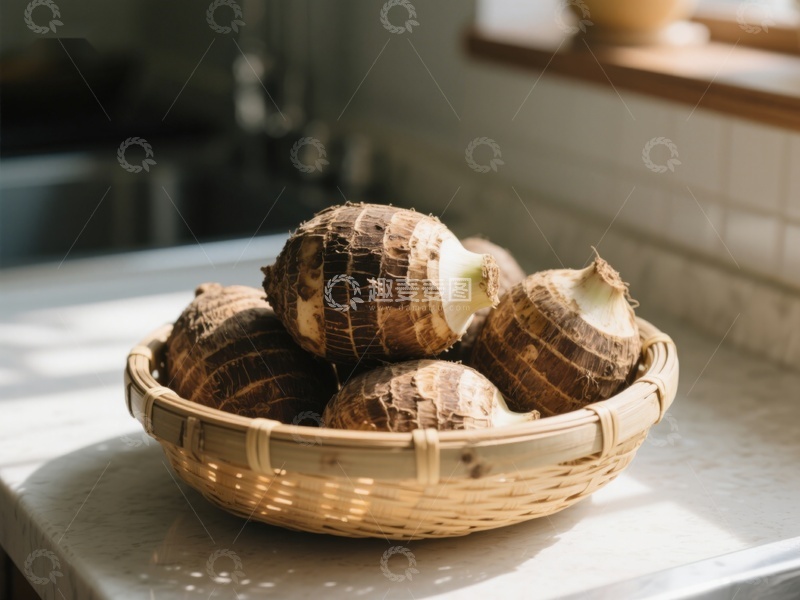 高清大图下载【趣麦麦图】竹篮中的新鲜芋头