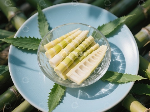 新鲜竹笋切片置于蓝盘中