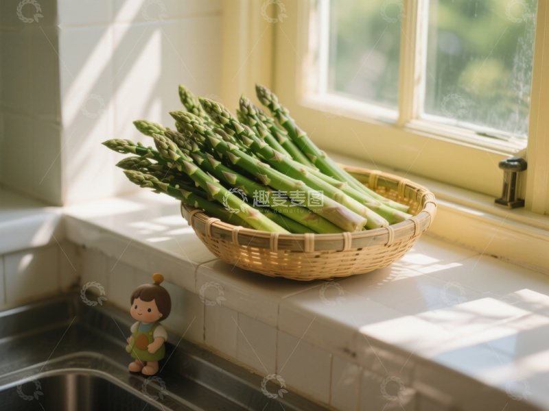 高清大图下载【趣麦麦图】窗边篮子里的芦笋与小玩偶