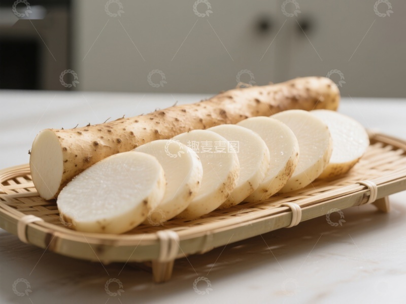 高清大图下载【趣麦麦图】新鲜山药切片摆放在竹制托盘上