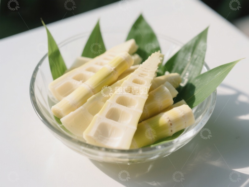 高清大图下载【趣麦麦图】新鲜竹笋切片置于绿叶装饰的玻璃碗中