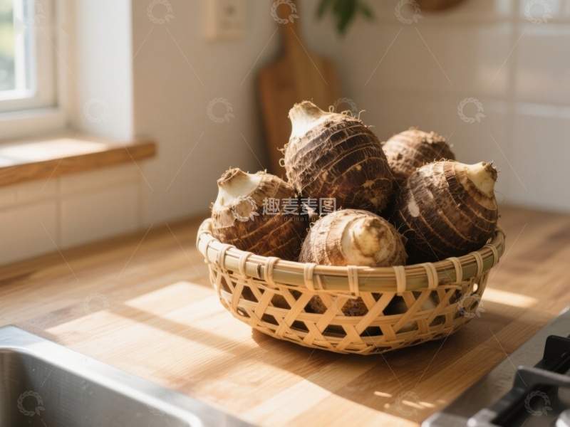 高清大图下载【趣麦麦图】竹篮中的新鲜芋头