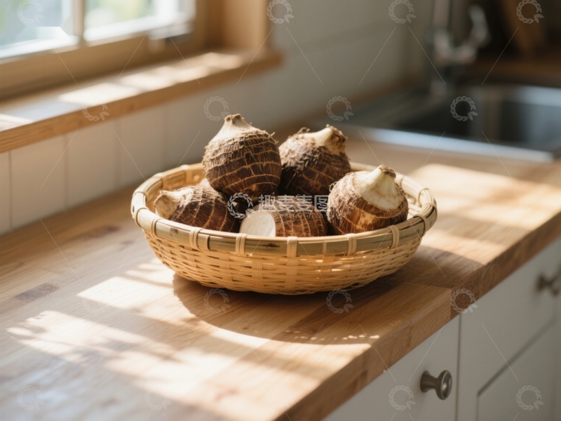 高清大图下载【趣麦麦图】厨房台面上的竹篮芋头