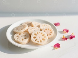 莲藕切片与花瓣点缀的清新画面
