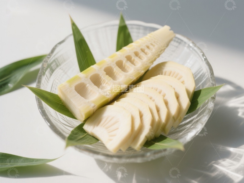 高清大图下载【趣麦麦图】新鲜竹笋切片，置于玻璃碗中