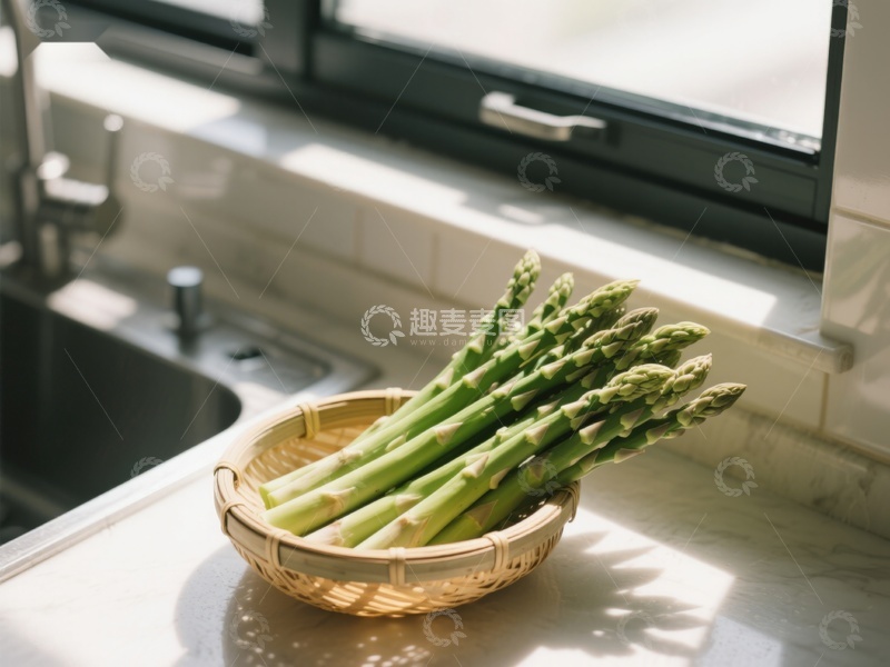 高清大图下载【趣麦麦图】窗边竹篮中的新鲜芦笋