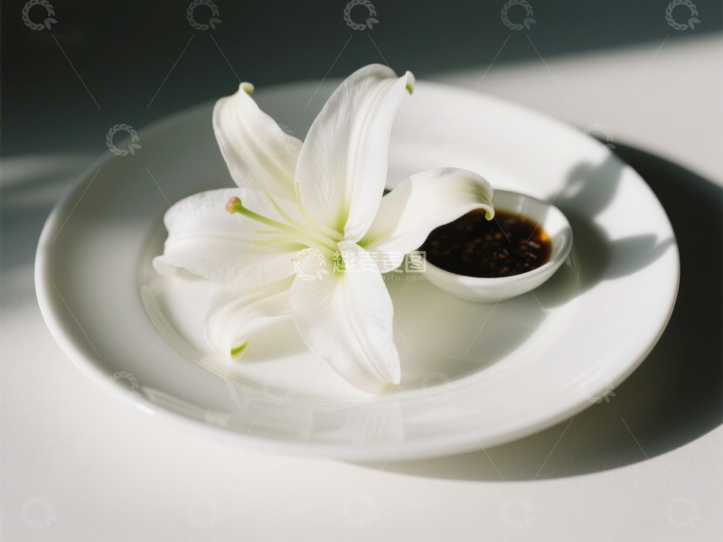 高清大图下载【趣麦麦图】白盘上的百合花与调味碟