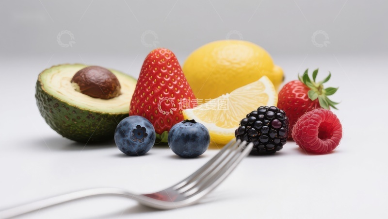 高清大图下载【趣麦麦图】新鲜水果与叉子的静物组合