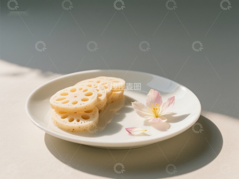 高清大图下载【趣麦麦图】莲藕切片与花瓣的静谧组合