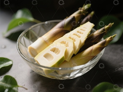 新鲜竹笋切片置于玻璃碗中