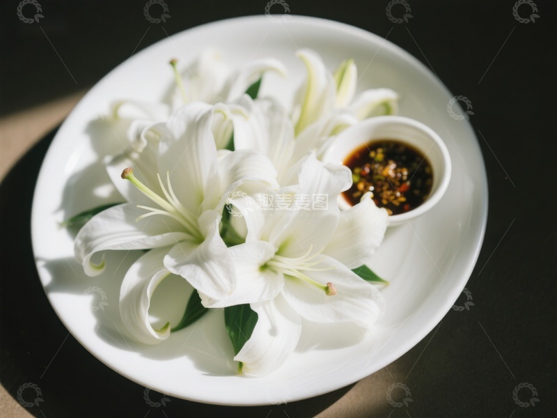 高清大图下载【趣麦麦图】盘中白花与调味碟