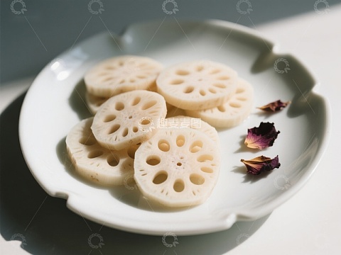 莲藕切片摆盘，点缀干花