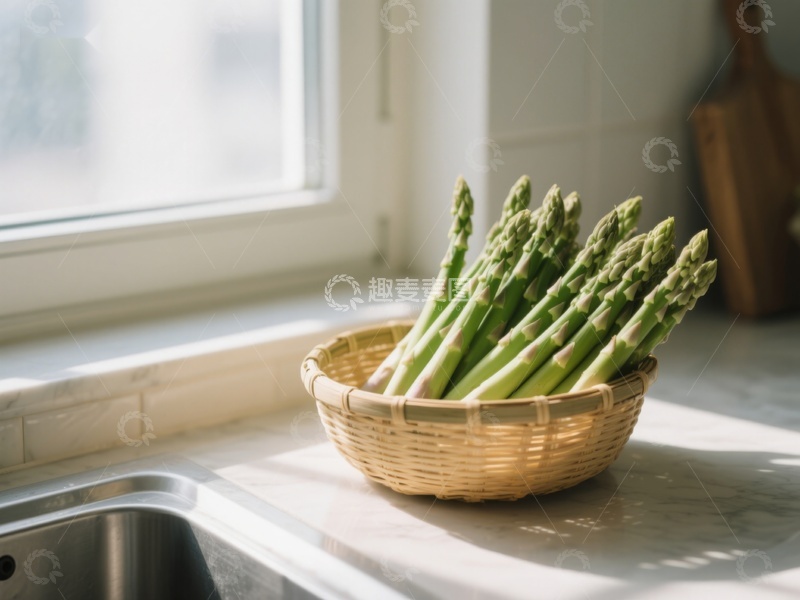 高清大图下载【趣麦麦图】窗边竹篮中的新鲜芦笋