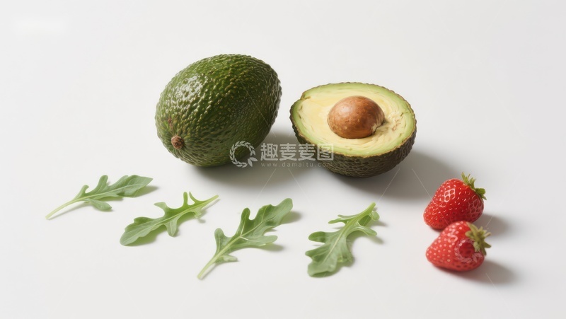高清大图下载【趣麦麦图】新鲜食材：牛油果、草莓与芝麻菜