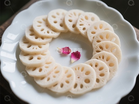 莲藕片摆盘，点缀花瓣