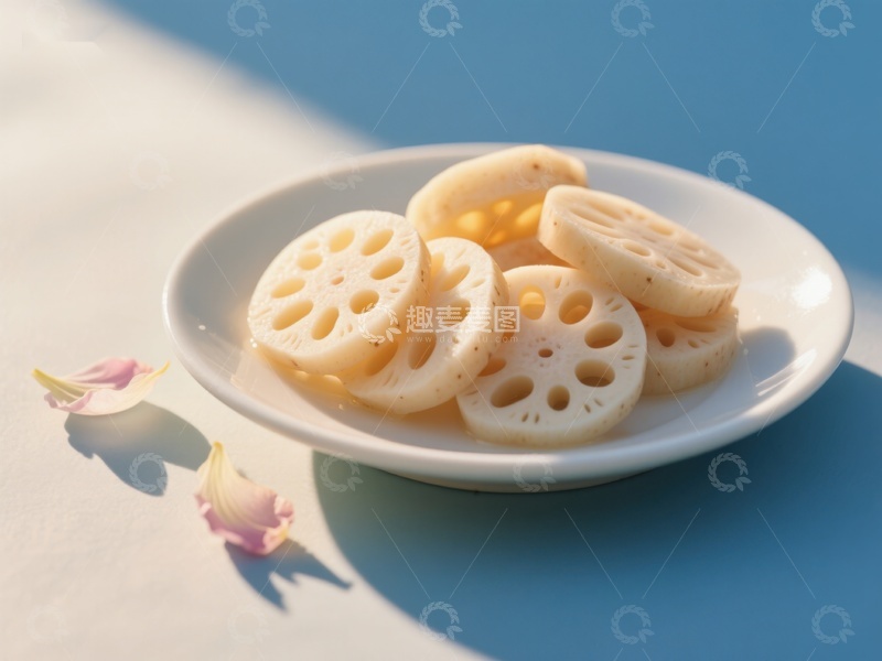 高清大图下载【趣麦麦图】莲藕切片置于白盘，花瓣点缀