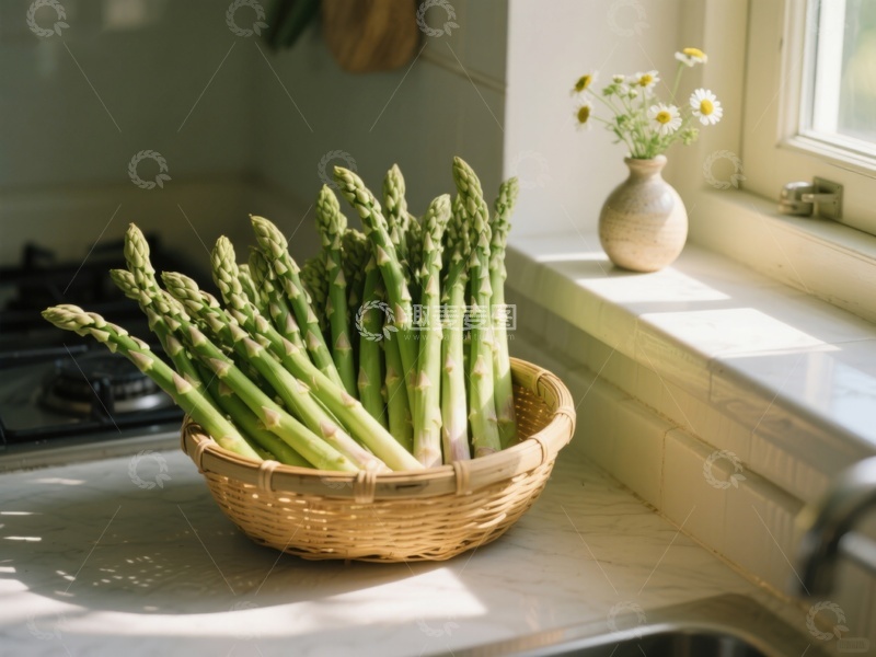 高清大图下载【趣麦麦图】厨房窗边的芦笋篮