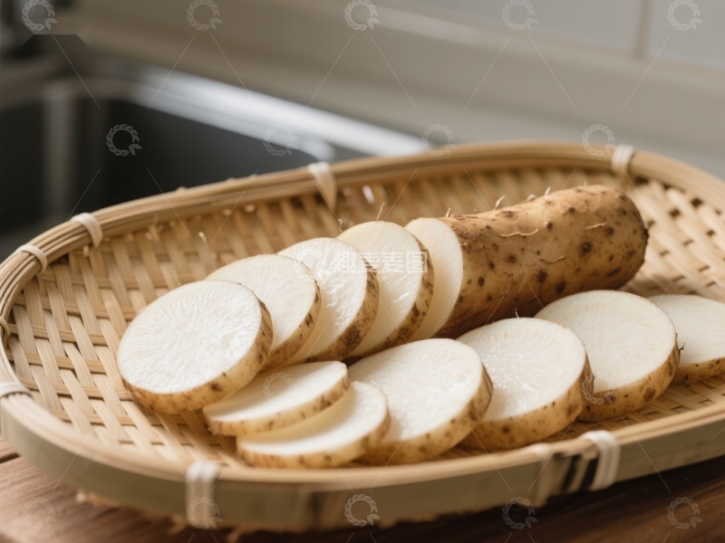 高清大图下载【趣麦麦图】新鲜山药切片置于竹篮中