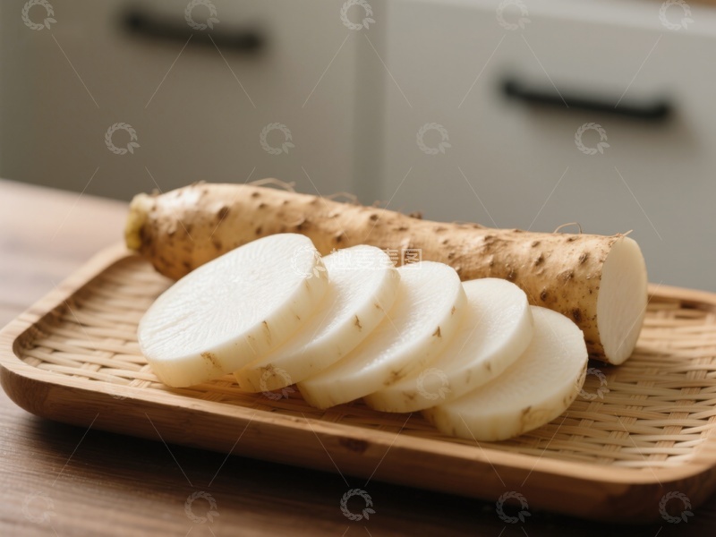 高清大图下载【趣麦麦图】新鲜山药切片置于竹制托盘