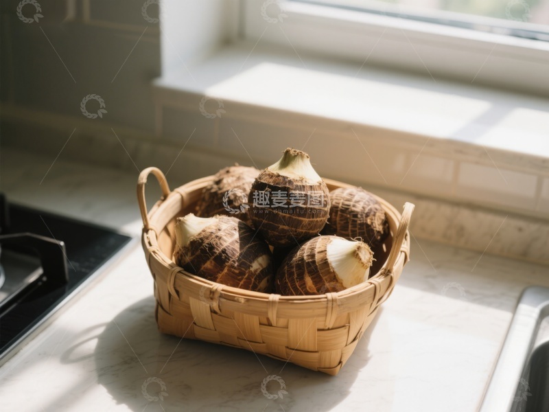高清大图下载【趣麦麦图】竹篮中的芋头置于窗边