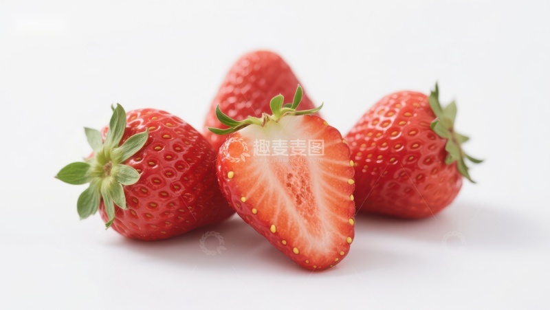 高清大图下载【趣麦麦图】新鲜草莓特写，一颗切开展示内部