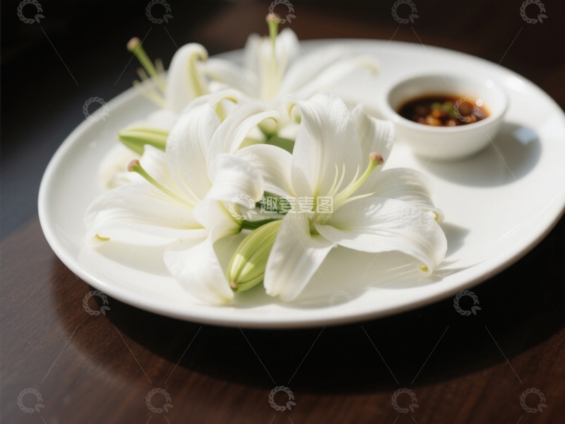 高清大图下载【趣麦麦图】盘中白色百合花与小碟调料