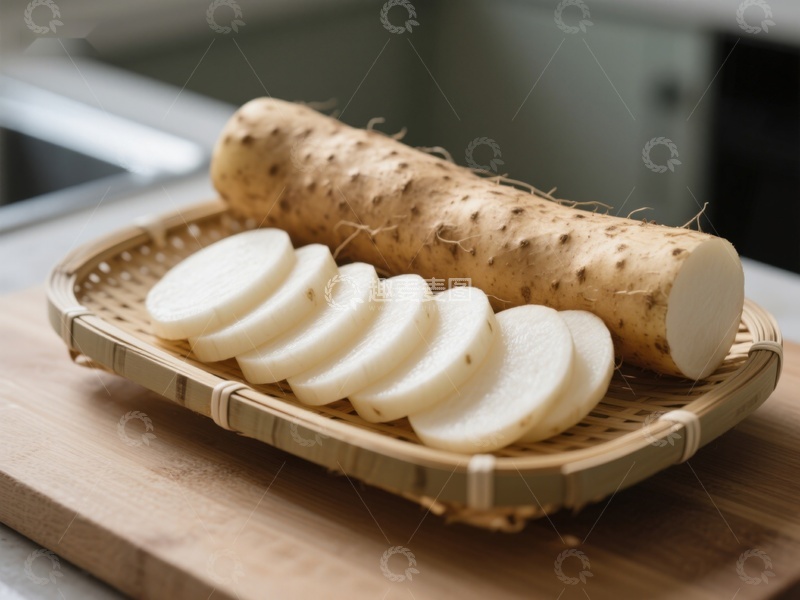 高清大图下载【趣麦麦图】新鲜山药切片置于竹篮中