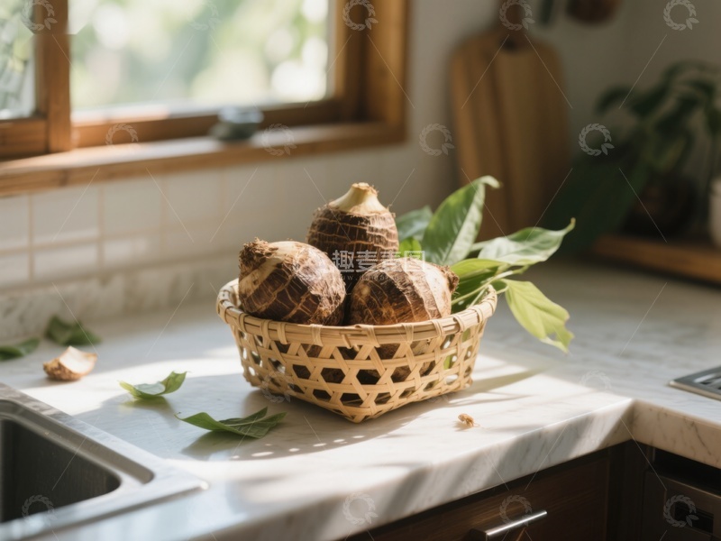 高清大图下载【趣麦麦图】厨房台面上的竹篮芋头