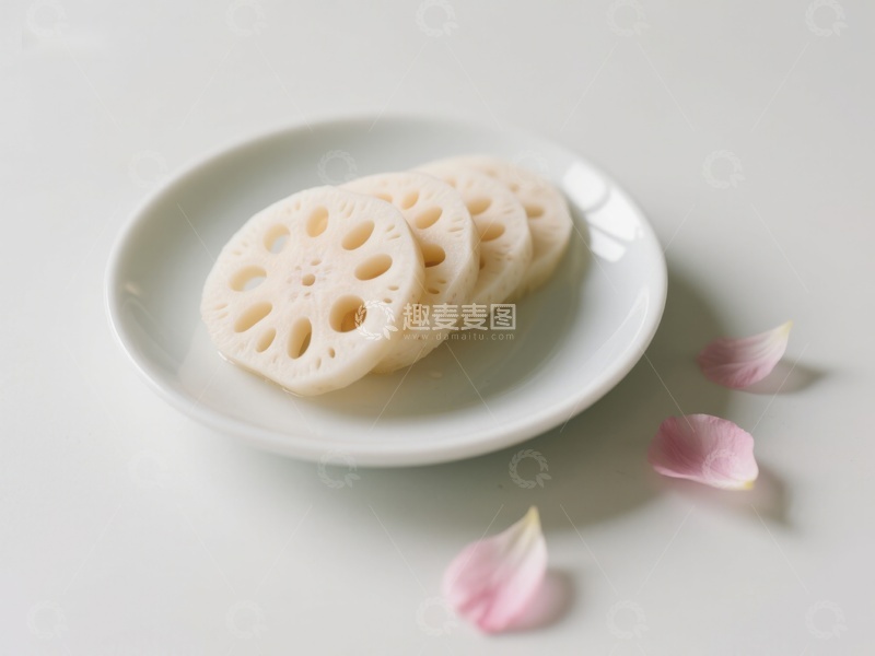 高清大图下载【趣麦麦图】莲藕切片置于白盘，花瓣点缀