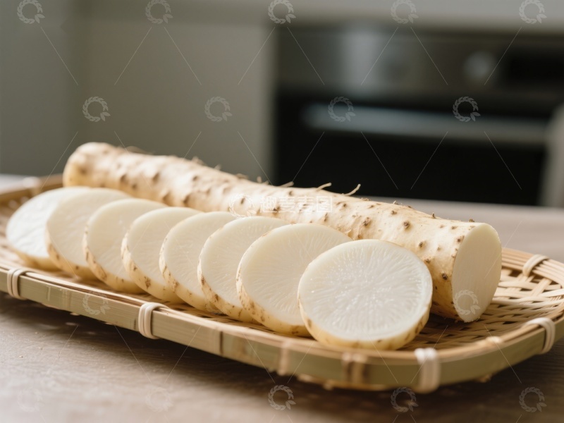 高清大图下载【趣麦麦图】新鲜山药切片摆放在竹篮中