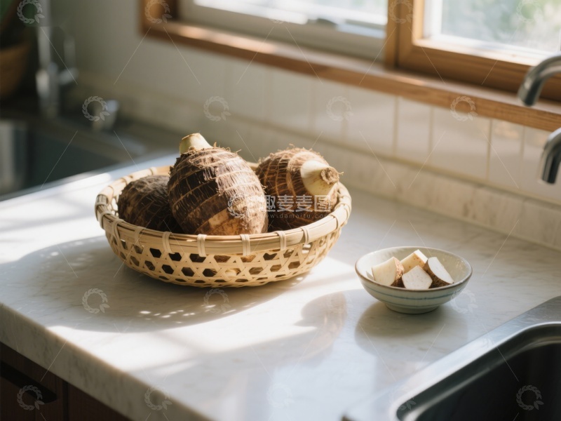 高清大图下载【趣麦麦图】厨房台面上的芋头与竹篮