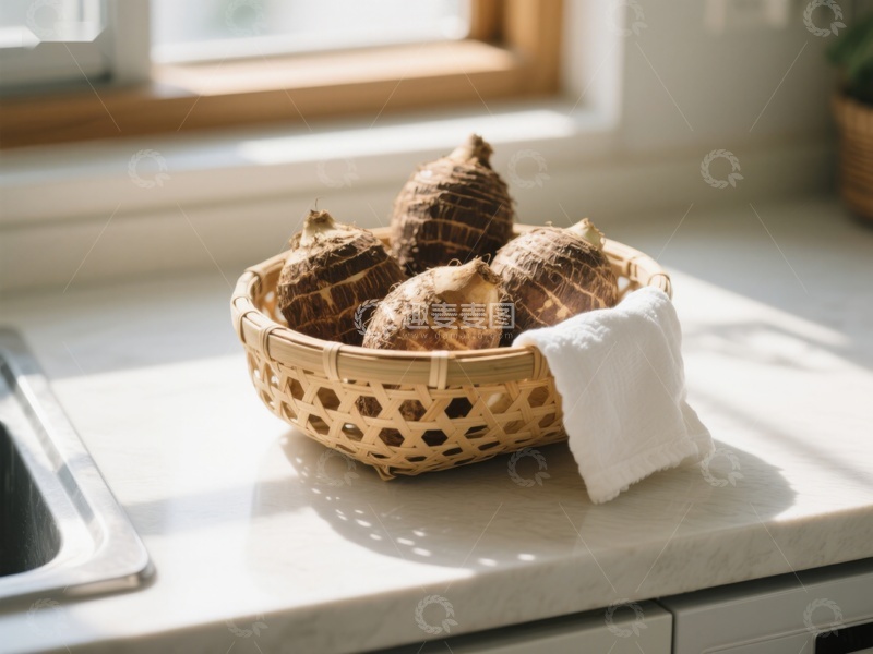 高清大图下载【趣麦麦图】厨房窗台上的竹篮芋头
