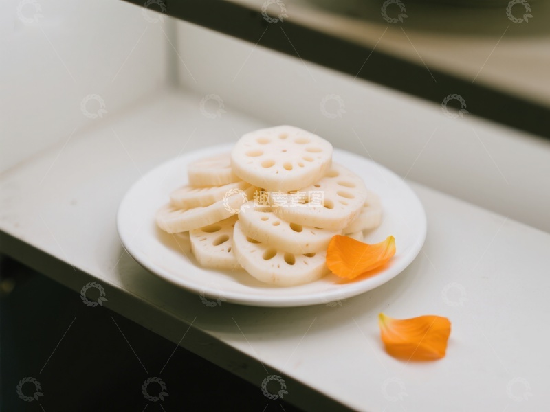 高清大图下载【趣麦麦图】莲藕切片与花瓣点缀的静物图