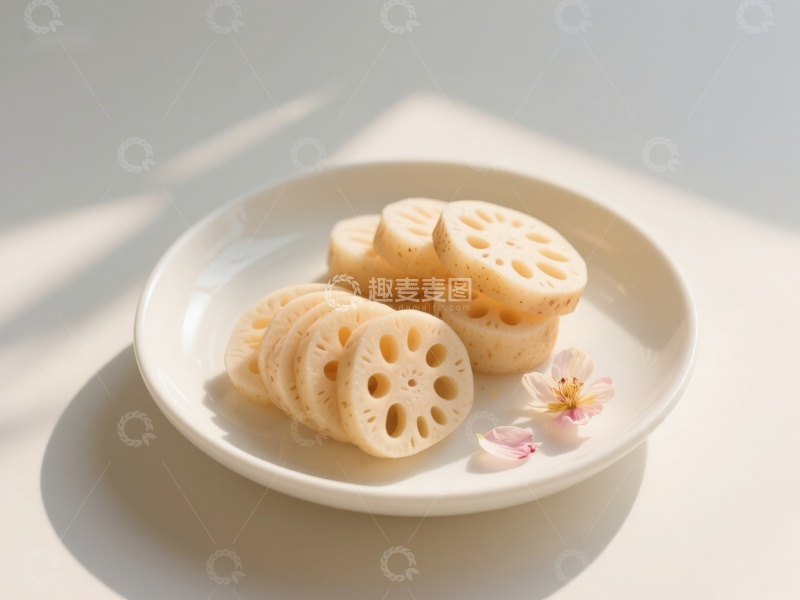 高清大图下载【趣麦麦图】莲藕切片摆盘，点缀樱花花瓣