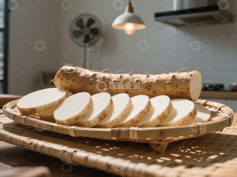 高清大图下载【趣麦麦图】新鲜山药切片置于竹篮中