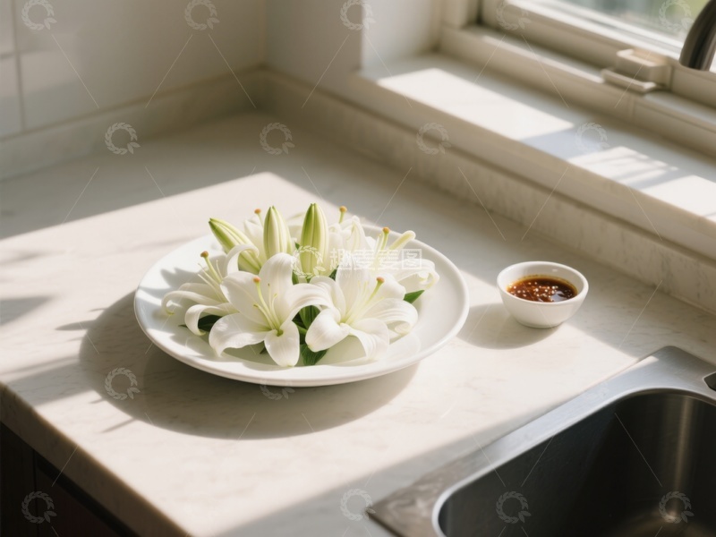 高清大图下载【趣麦麦图】窗边白色百合花与小碟酱料